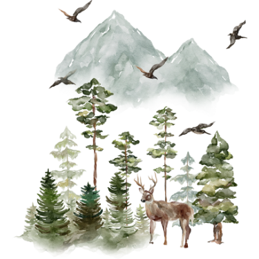 Drawing of woods, hills, and dear